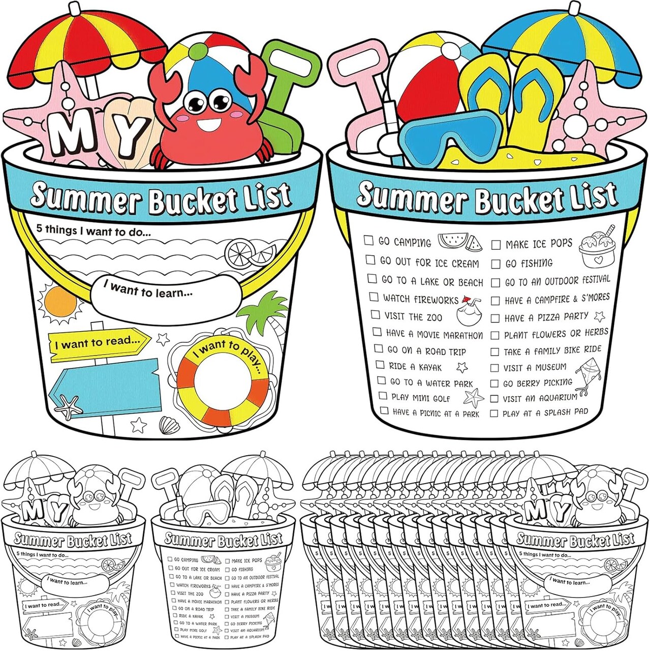 40-Piece Color Your Own Summer Bucket List Poster Kit | DIY Coloring Activity for End of School Year, Beach & Pool Art Party Supplies, Home Classroom Favors